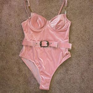 Callie lives - velour pink one piece bathing suit with underwire -large